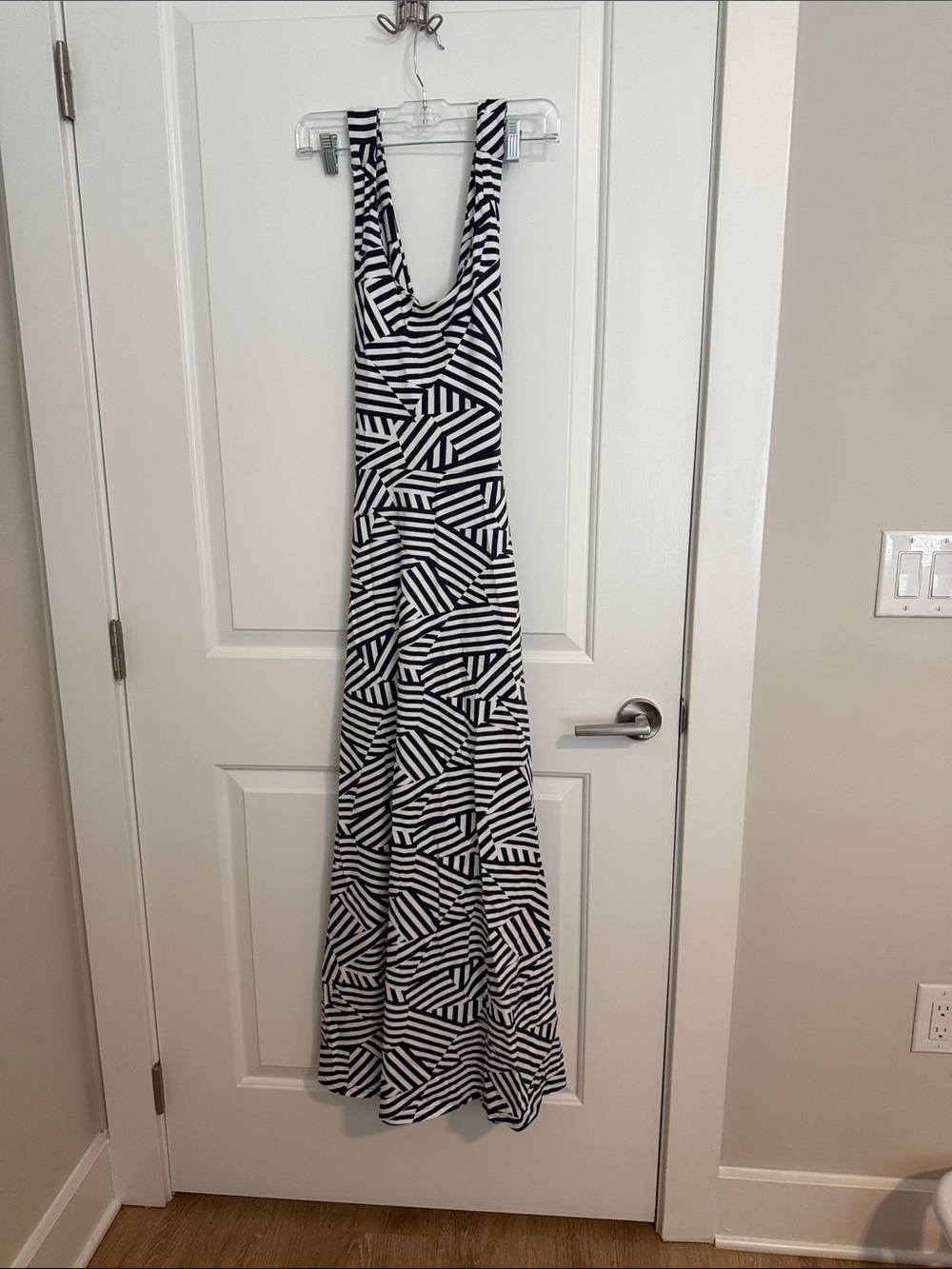 Blue and White Geometric Maxi Dress - Sleeveless with but in shelf bra